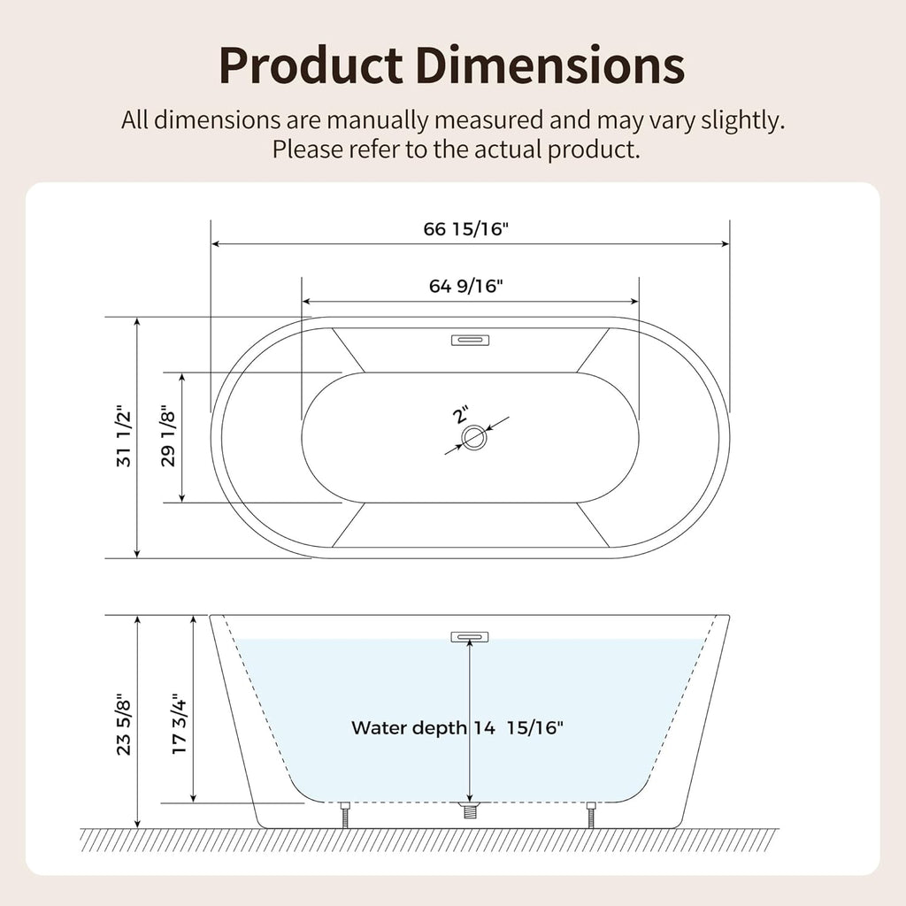 67" Acrylic Freestanding Bathtub, Easy Install Standalone Deep Soaking Tub with Fluted Design, Modern Ergonomic