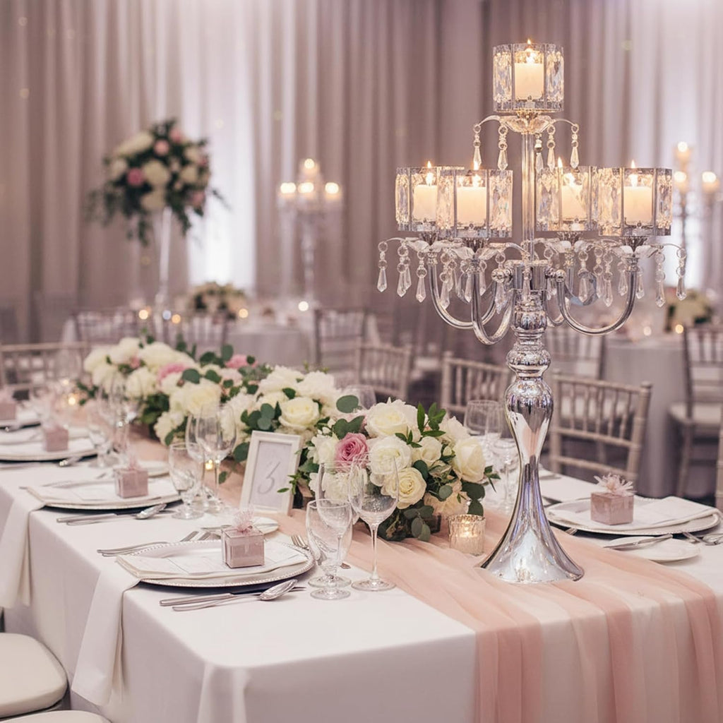 Silver Candelabra Centerpieces for Tables - 5 Arm Crystal Pendant Candle Holders, Elegant Metal Table Centerpieces
