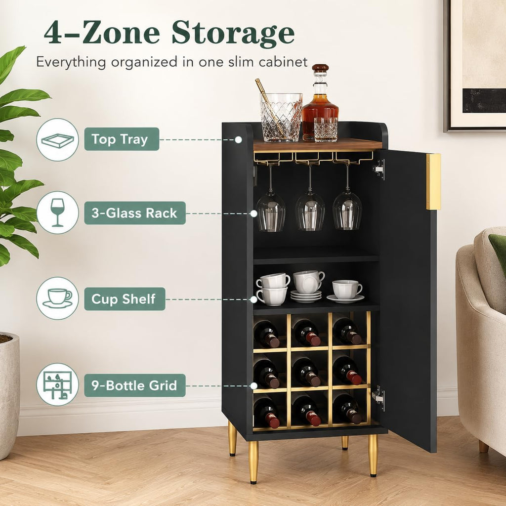 Mini Bar Cabinet, Fluted Wine Bar Cart with Wine Racks & Wine Glass Holder, Modern Corner Liquor Cabinet(Black)