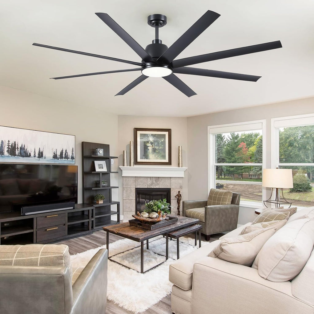 72" Black Ceiling Fan with Lights and Remote Control - Large Industrial Ceiling Fan with 8 ABS Blades, Dimming, DC Motor Reversible, Indoor/Outdoor Modern Ceiling Fan for Living Room, Black