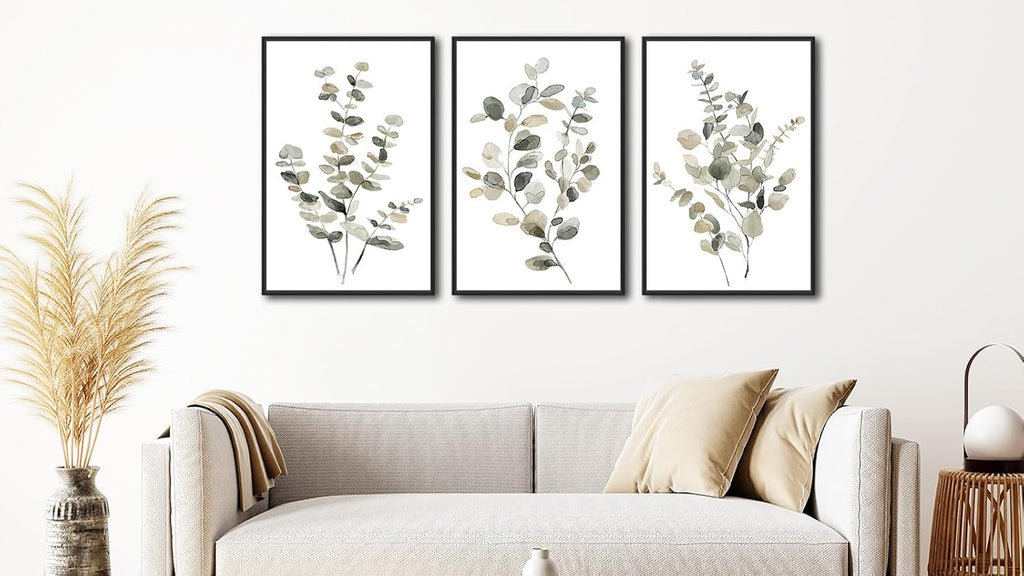 Large Framed Botanical Wall Art, Eucalyptus Leaf Decor, 16"x24" Set of 3
