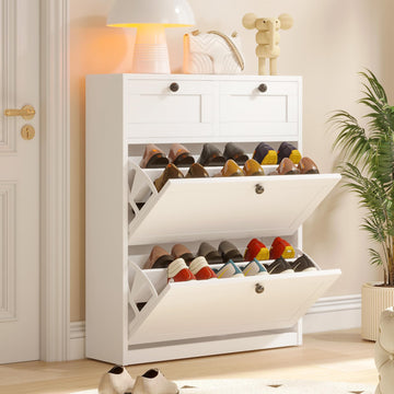 Shoe Cabinet with 2 Flip Drawers & 2 Drawers, Freestanding Shoe Storage Cabinet with Adjustable Shelves, Shoe