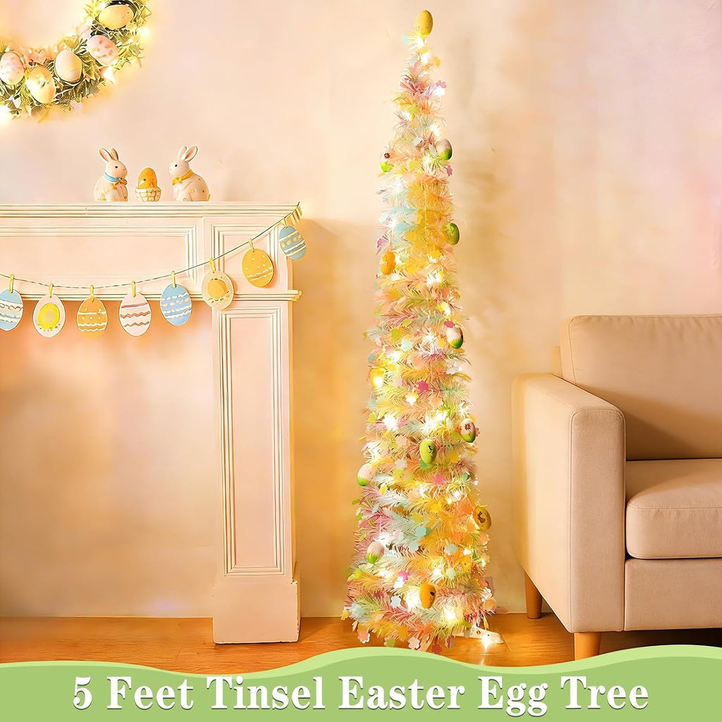 Timer - Easter Decorations, 5Ft Lighted Easter Tree with 50 LED Warm White Lights 12 Colorful Eggs Ornaments Battery