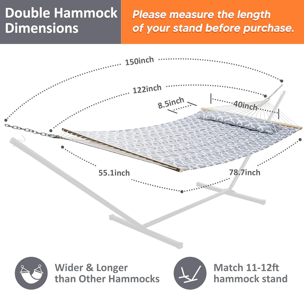 Double Quilted Hammock with Hardwood Spreader Bar, Grey Pattern | Heavy Duty 2 Person Hammock with Extra Large Soft