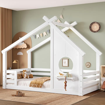 Solid Wood Tw Shape Floor Bed Frame for Kids with Window, Roof, Guardrails and Small Shelf, Montessori Low Profile