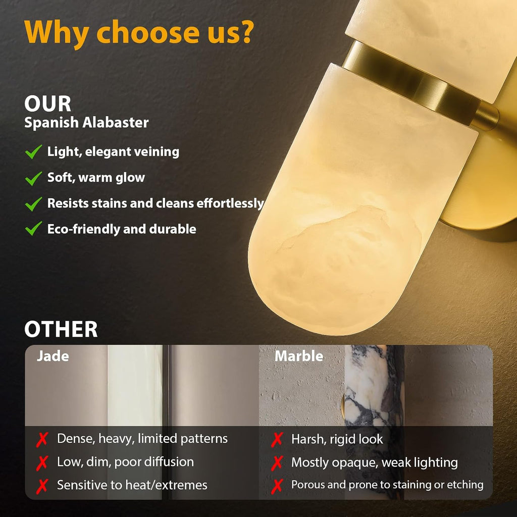 Natural Alabaster Brass Wall Sconce - Modern Luxury Spanish Stone Cylinder Sconces with Bulb - Brushed Gold Indoor