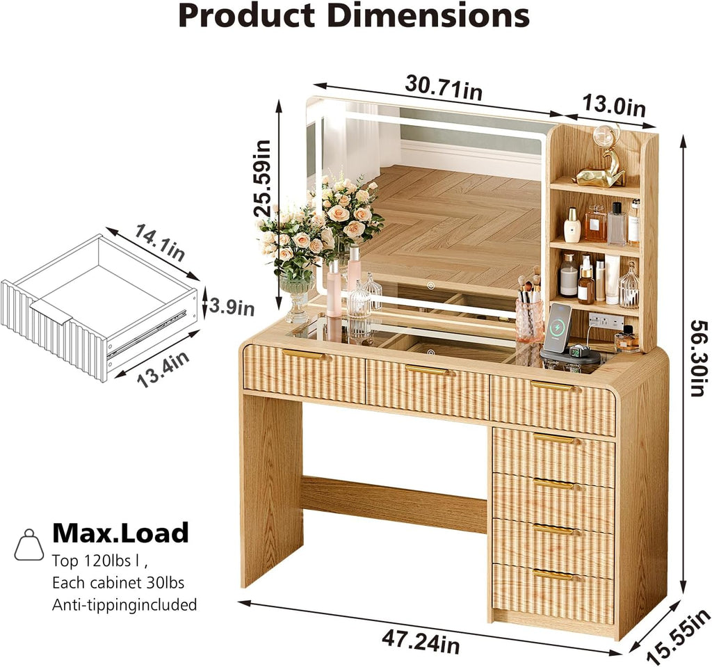 47"Makeup Vanity Desk with Mirror and Lights, Vanity Desk with 7 Drawers & Storage Shelves, Vanity Table with Power