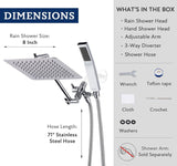 All Metal 8 Inch Dual Square Shower Head with Handheld Spray Combo, Rain Shower Head, Adjustable Extension Arm