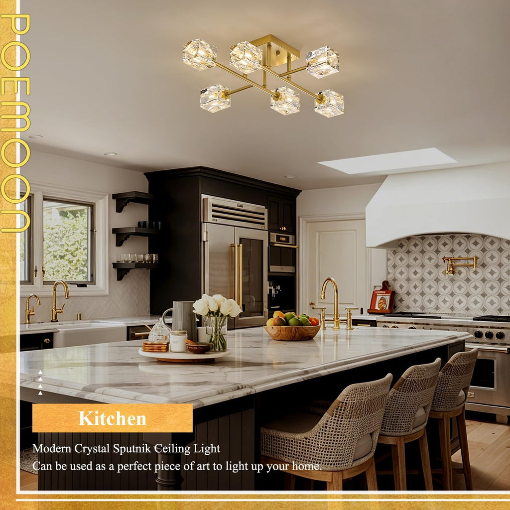 24" Gold 6-Light Luxury Semi Flush Mount Ceiling Light Modern K9 Crystal Kitchen Island Sputnik Chandelier for Dining