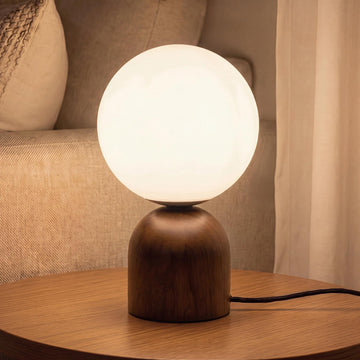 9.8" Dimmable Solid Wood Table Lamp with Opal Glass Globe Shade, Walnut