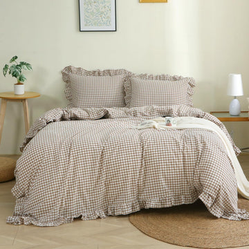 Taupe/White Plaid Ruffle Duvet Cover,100% Washed Cotton 3 Pcs Vintage Checkered Chic Gingham Bedding Set
