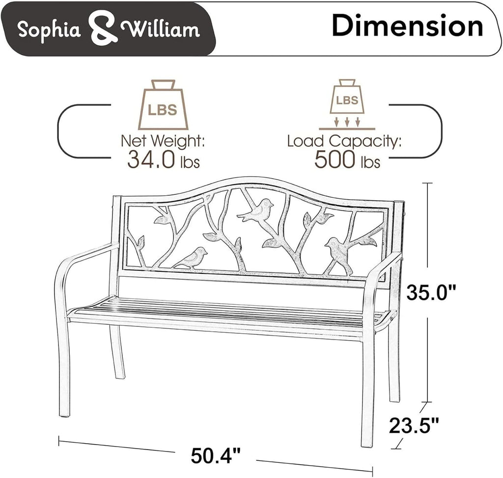50 Inches Outdoor Bench and Park, Bird Bronze | Cast Iron Metal Garden Benches for Outdoors, Front Porch Bench with
