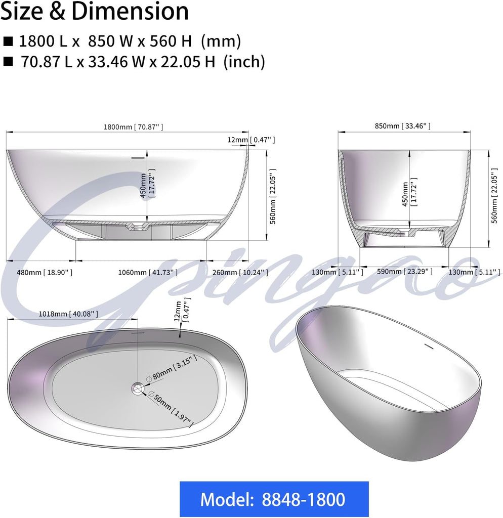 71" Solid Surface Bathtub, Stone Resin Freestanding Soak Tub for Bathroom, Non-Porous & Warm to Touch Surface, Matte