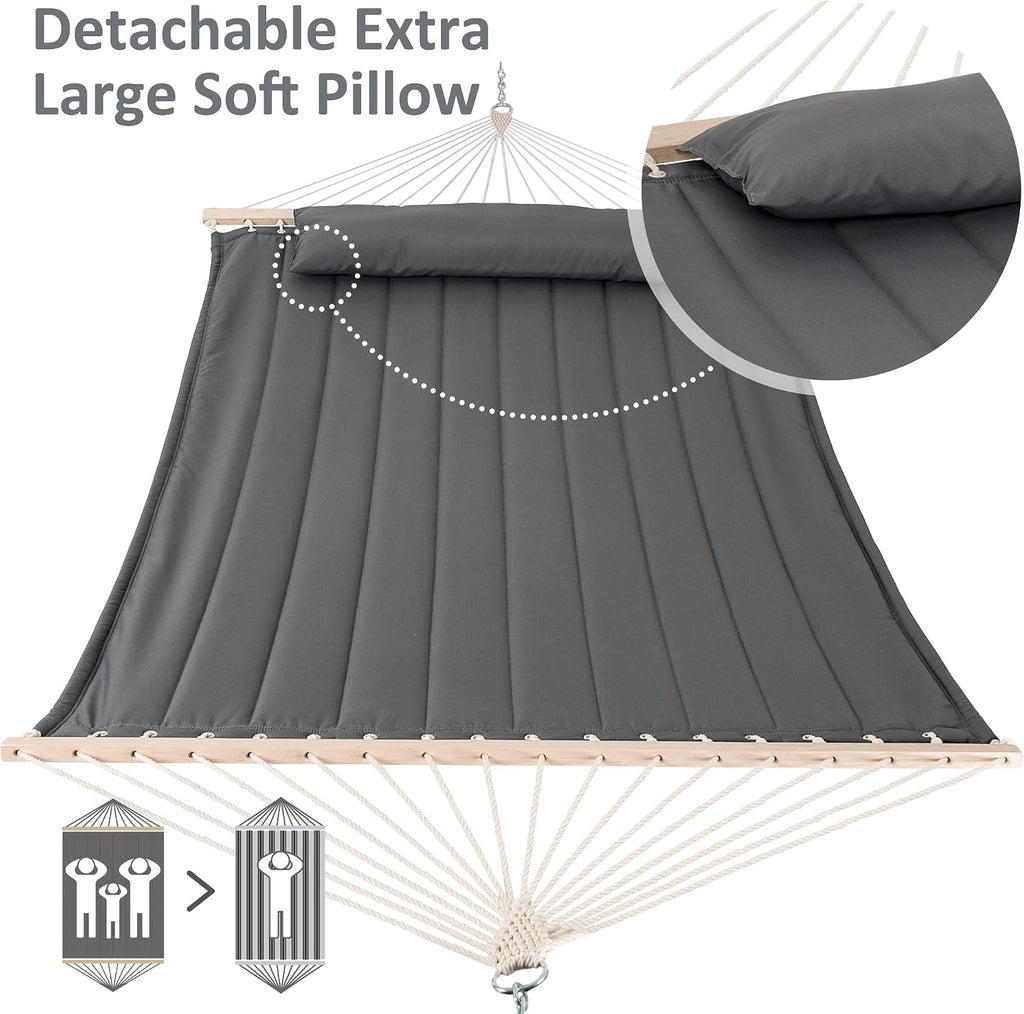 Heavy Duty Hanging Tree Hammock, 475 lbs Capacity, Gray | Two Person Hammock with Large Soft Pillow, Tree Hooks