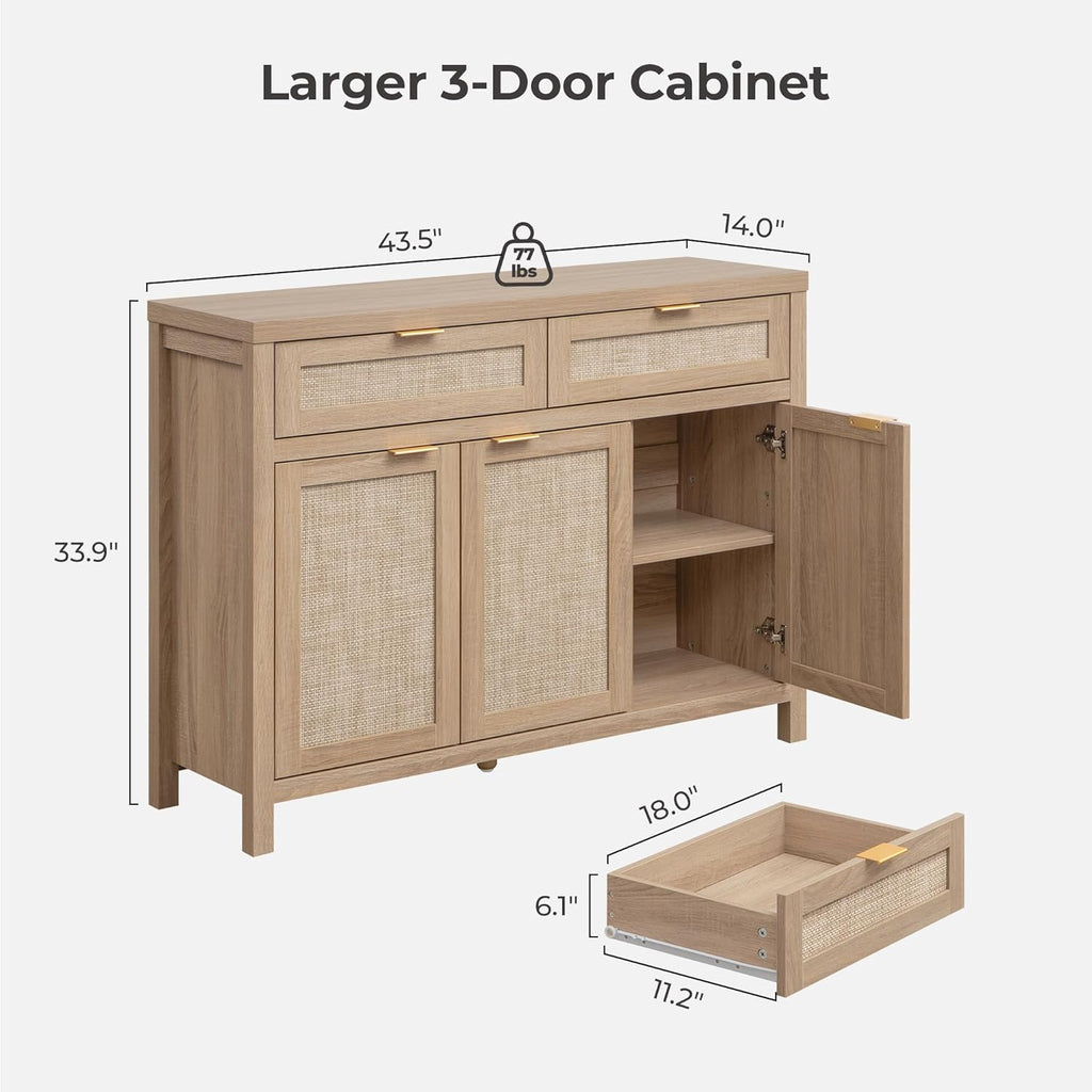 Rattan Sideboard Buffet Cabinet with Storage, Boho Credenza Accent Cabinet with 3 Doors and 2 Drawers