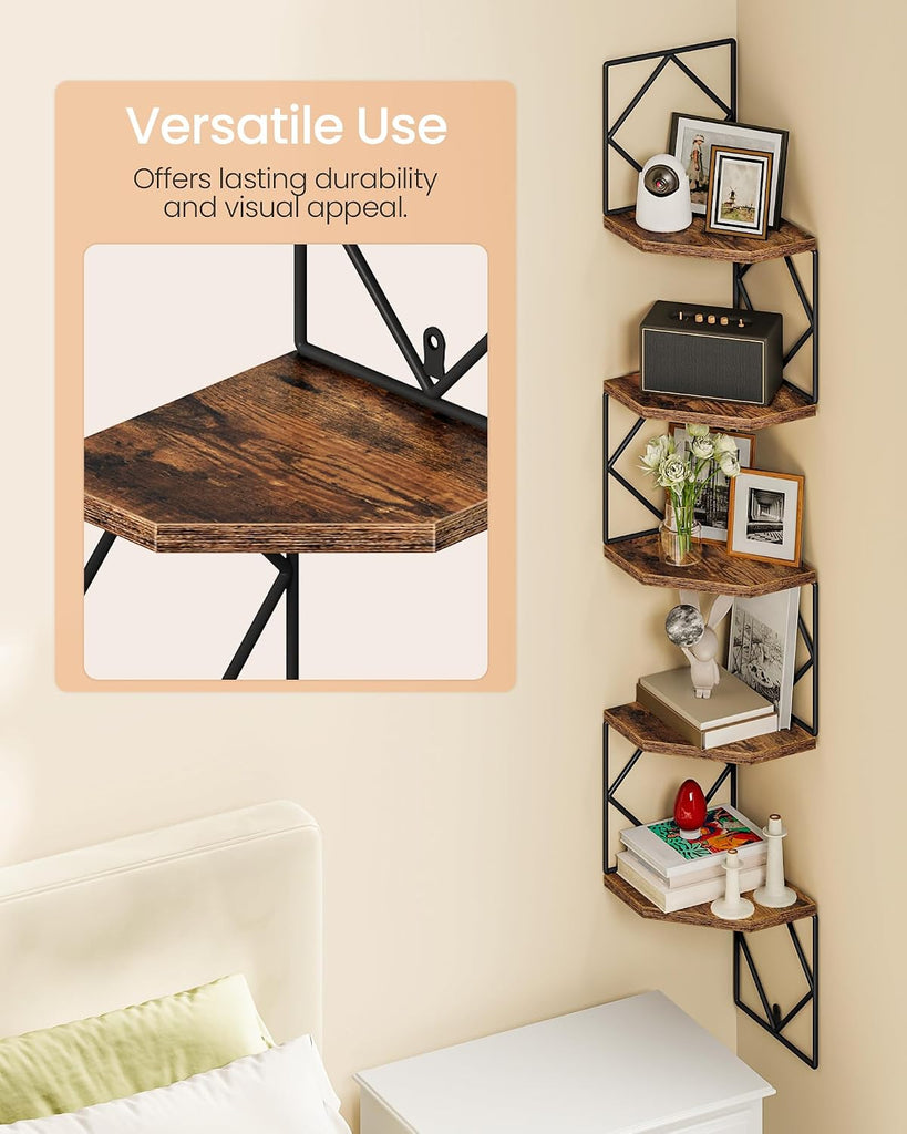 5-Tier Corner Shelf, Floating Shelf, Wall-Mounted Storage Shelf, Wall Decor, Narrow Corner Bookshelf, and Bathroom