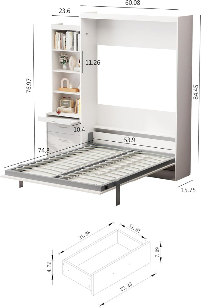 Full Murphy Bed, Morden Full Vertical Murphy Bed Frame with Shelf and Drawers, Wall Bed Hidden Bed Gas Struts, White