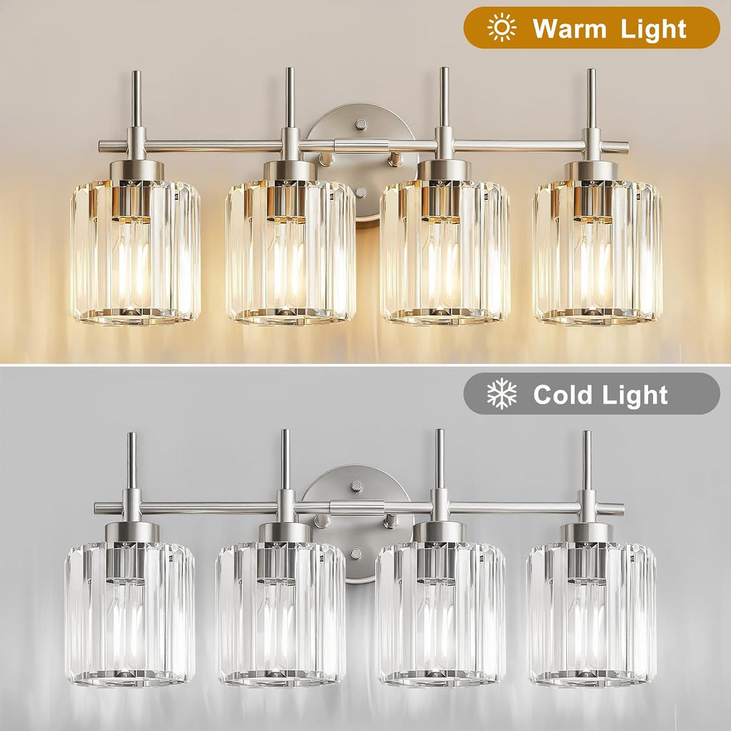 Crystal Bathroom Vanity Lights, 4 Light Bath Mirror Light Brushed Nickel Round Crystal Wall Mount Light Fixture Over