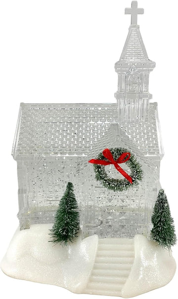 Battery Operated Lighted Holiday Spinning Water Globe Church, 9.25-inch Height
