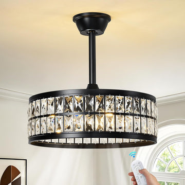 Black Caged Ceiling Fan with Light and Remote 19 Inch Modern Crystal Fandelier Ceiling Fan with Light Semi Flush