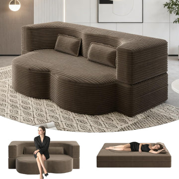 78" Convertible Futon Sofa Bed, Full Siz Corduroy Boneless Couch Bed, Brown | Sleeper Sofa Bed with Pillows & Deep