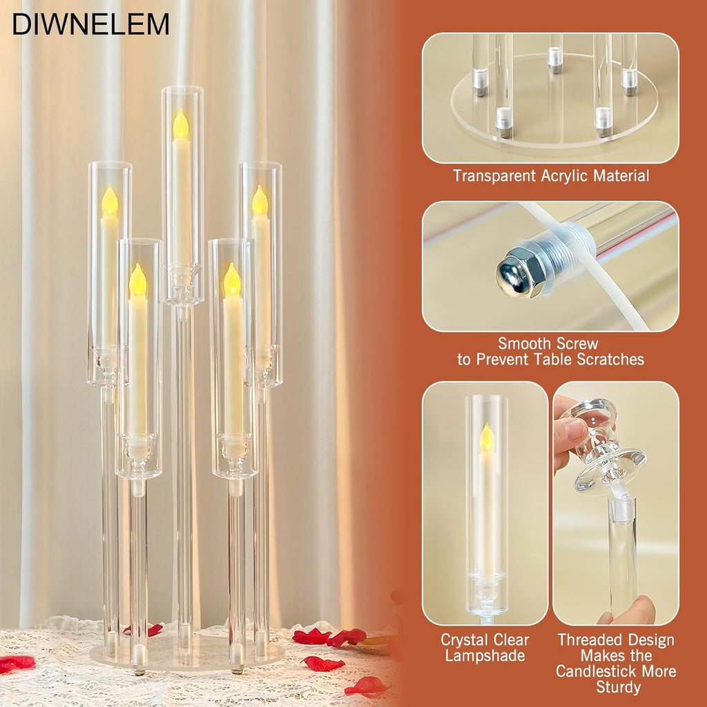 2Pcs Acrylic Candelabra Centerpieces 25.5" Tall Crystal Taper Candlestick with Shade Fit 0.87'' Led Candle