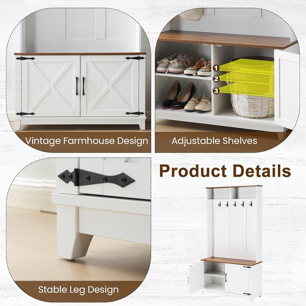 38" Farmhouse Hall Tree with Bench and Shoe Storage, Entryway Bench with Coat Rack, 2 Open Compartments, 5 Coat