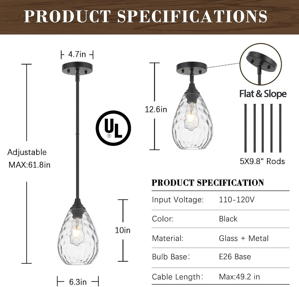 Glass Pendant Lights Kitchen Island, 1-Light Modern Black Pendant Light Fixtures with Hammered Glass and Rods, Small