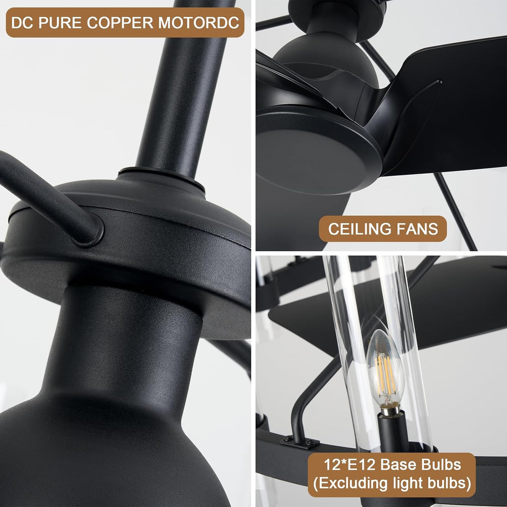 Inspired Ravelle Style Black Ceiling Fans with 12 Lights Wagon Wheel Chandelier, 38 Inch Modern Farmhouse Fandelier, Quiet 6-Speed Reversible DC Motor, 1/2/4H Remote Timing for Living Room/Bedroom/Kitchen