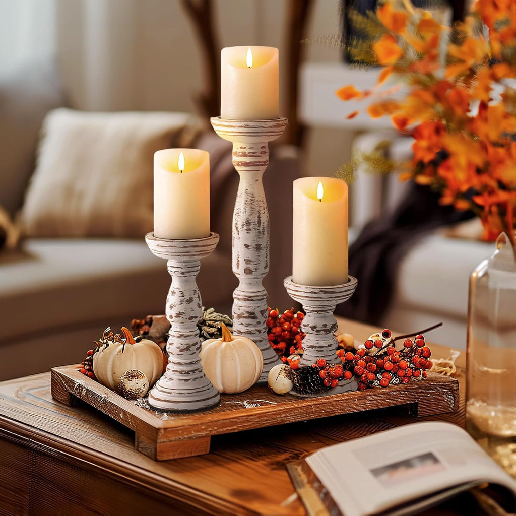Farmhouse Wood Candle Holders for Pillar Candles Set of 3, Rustic Candle Holders for Table Centerpiece, 13" 9" 6"