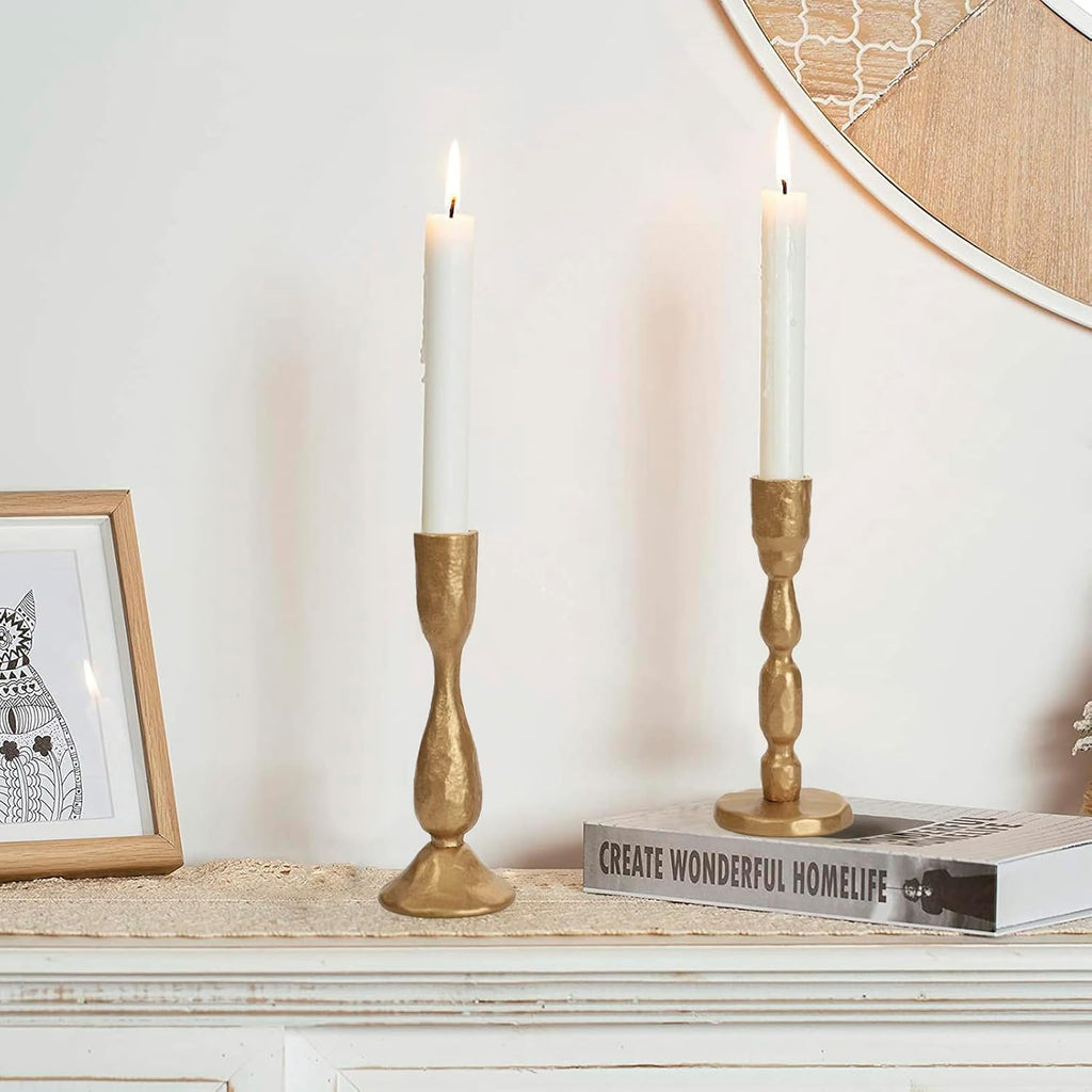 Antique Brass Handcrafted Iron Taper Candle Holders - Set of 2 Decorative Candlesticks for Weddings, Dining, and