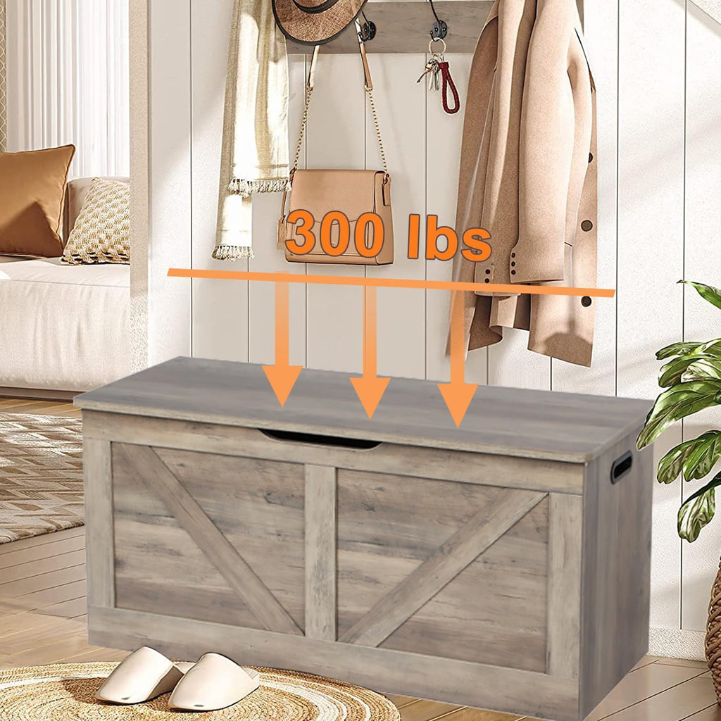 39.4" Storage Chest, Wooden Storage Bench, Large Storage Trunk | Entryway Shoes Bench with 2 Safety Hinges, Grey