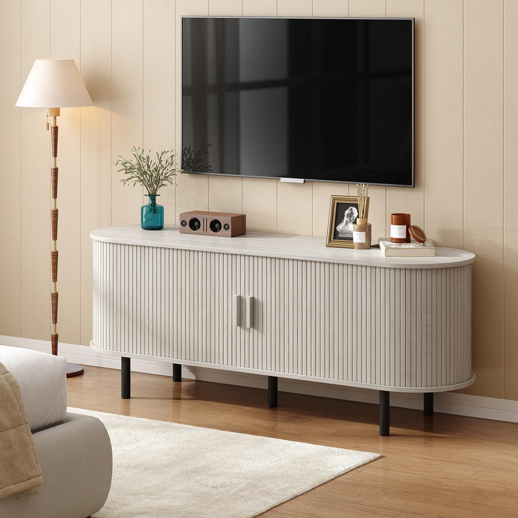 55" TV Stand with Power Outlet & Storage for TVs 60", Natural White