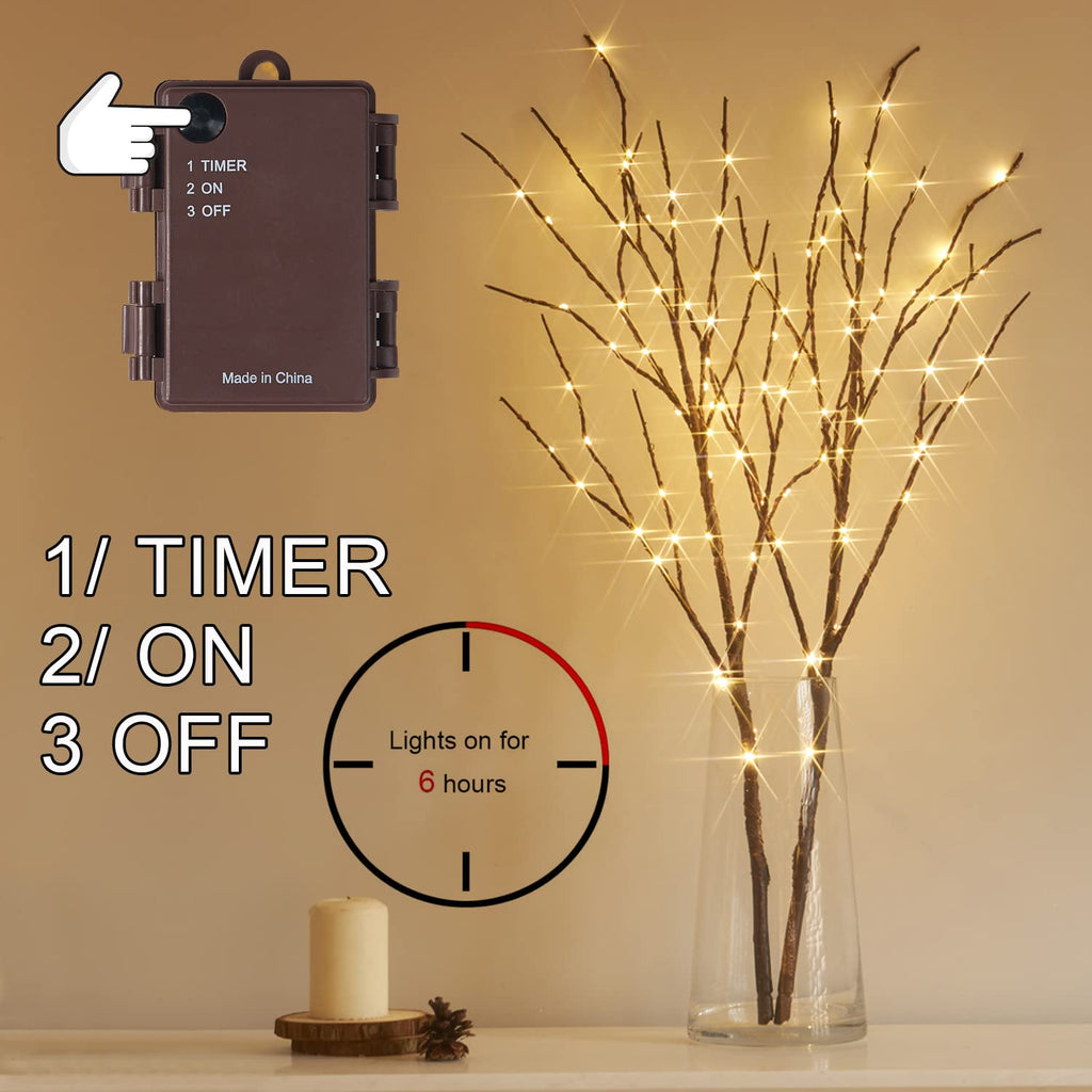 Lighted Brown Branches with Timer 32 in 100 LED for Vases Battery Operated, Artificial Willow Branch Twigs with Warm