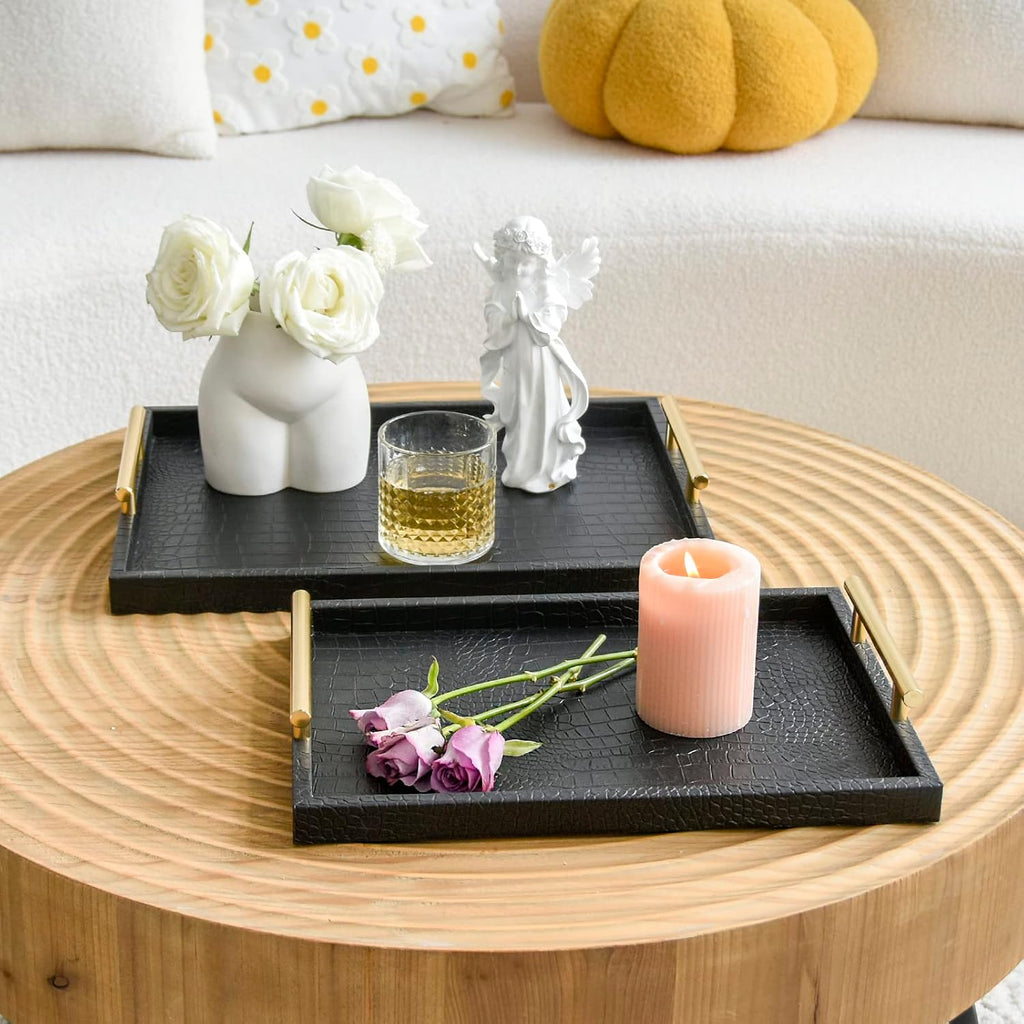 Set of 2 Modern Elegant Large Wood Serving Tray, Rectangle Decorative Tray Ottoman Tay Coffee Table Tray, Black