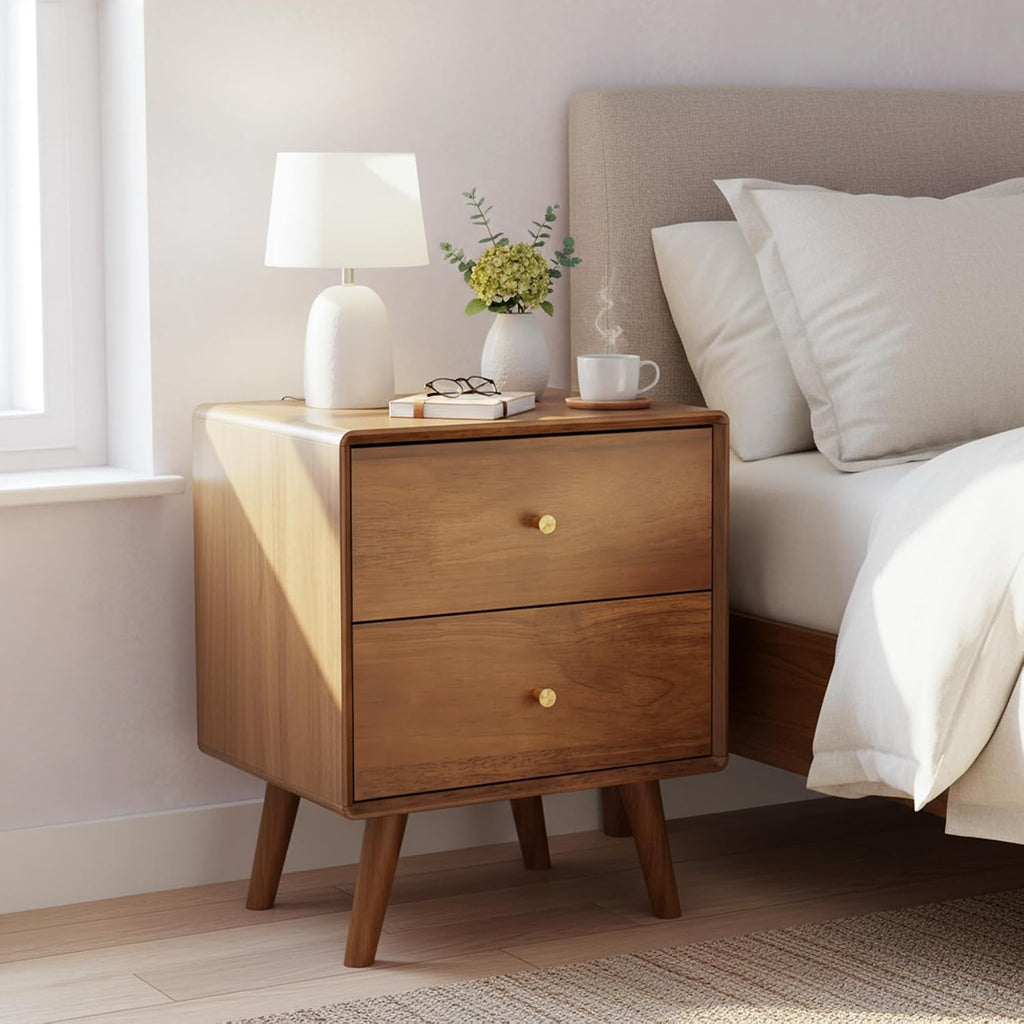 Solid Wood Nightstand with 2 Drawers, Walnut Mid Century Modern Nightstand, Wooden Night Stand, Small Side End Table