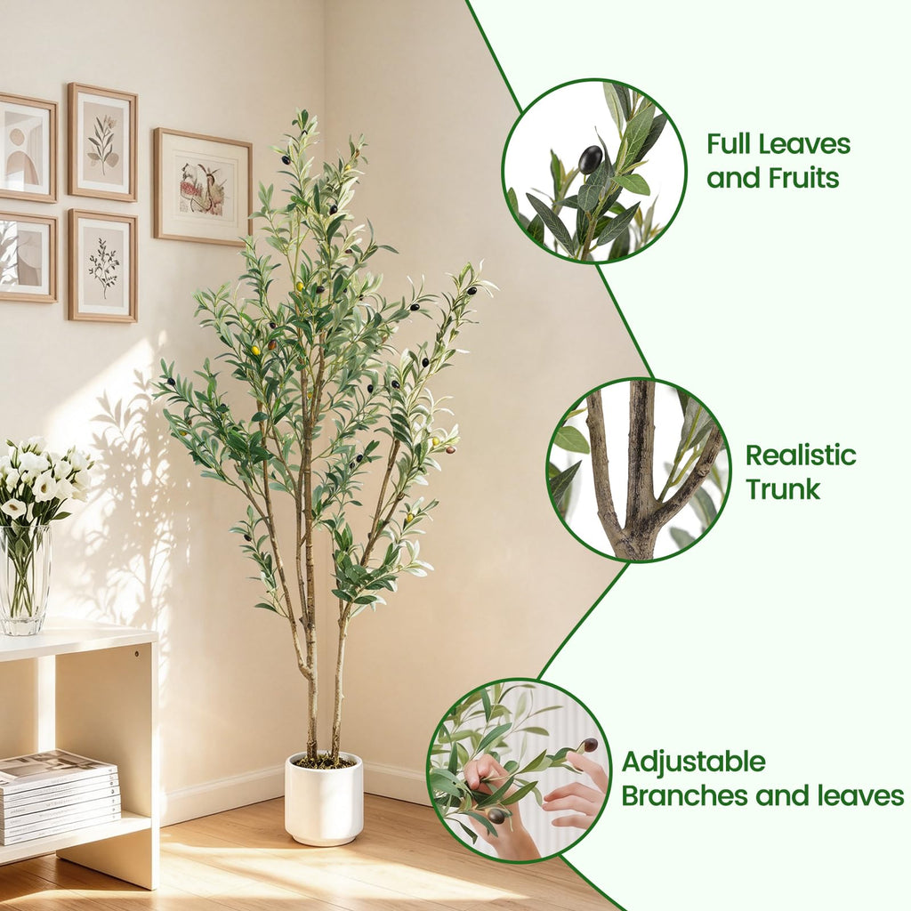 Fake Olive Tree 6FT Tall 1Pack with White Planter Decor