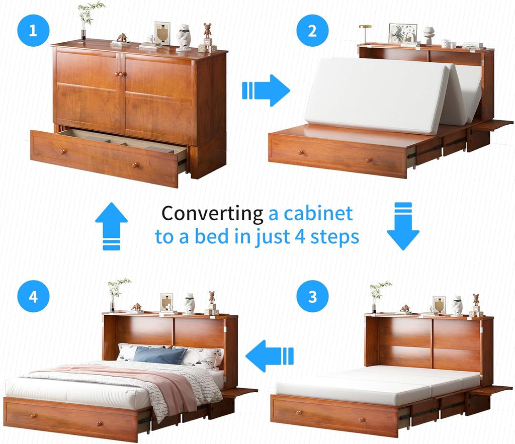 Murphy Bed with Mattress Included, Queen Murphy Bed Cabinet with Storage Drawer and Bedside Panel, Built-in Charging