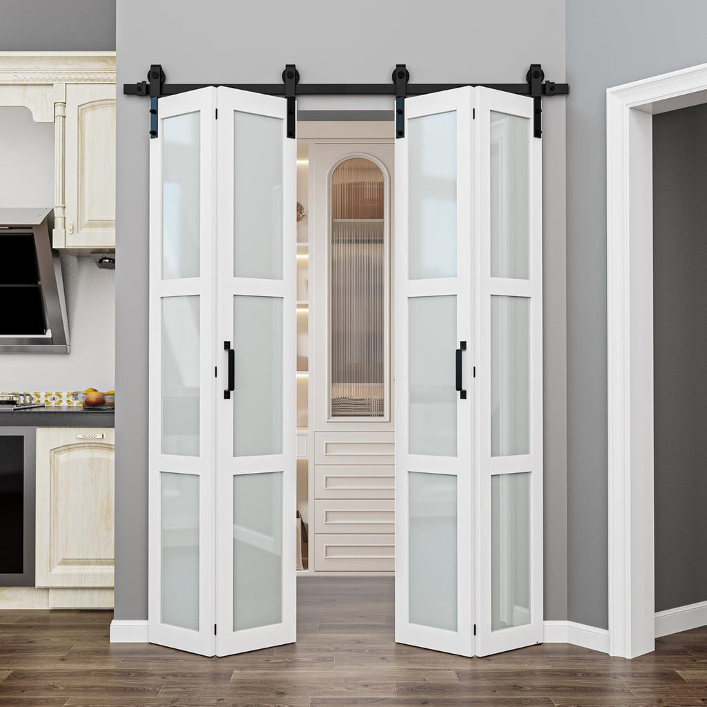 64" x 84" Frosted Glass Bifold Sliding Barn Door with Hardware Kit Included, Pre-Assembled Solid Cor