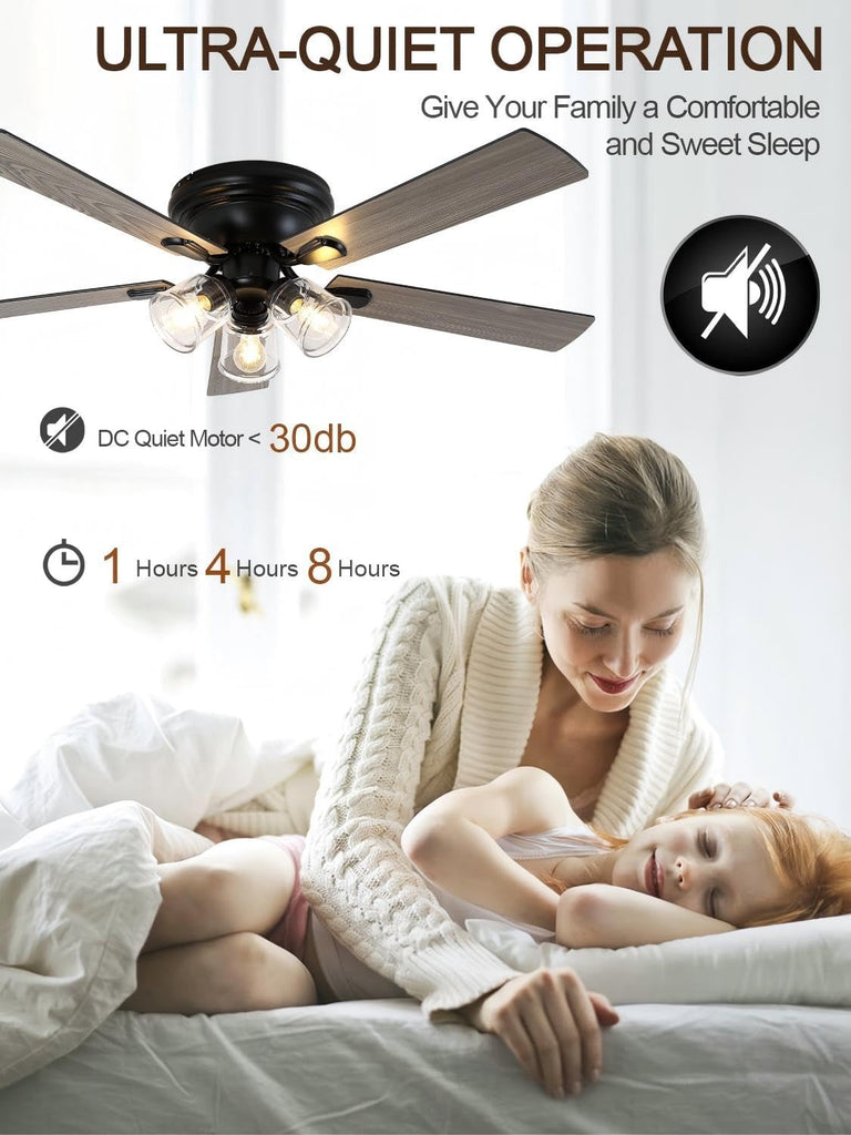52 Inch Flush Mount Vintage Ceiling Fan with Lights and Remote