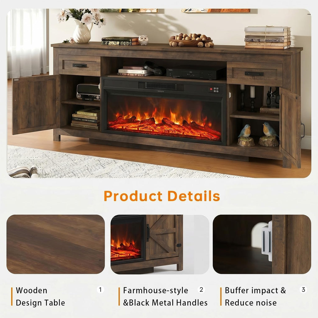 Fireplace TV Stand, 70" Farmhouse TV Stand with Barn Door for 80" TVs, Entertainment Center with Black Fireplace & Storage, Brown
