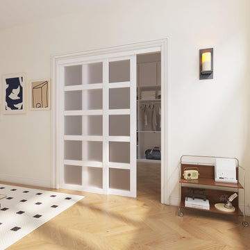 Sliding Closet Door, 5-Lite Frosted Glass Interior Door, 60"(Double 30") x 80" Closet Doors with Com