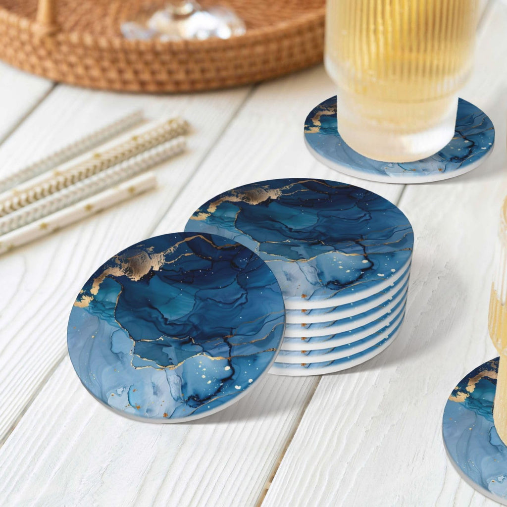 6 Pcs Ceramic Coasters with Holder Absorbent Drink Round Navy Blue Gold Marble Agate Style Design Table Coffee Cup