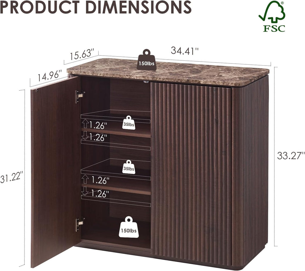 34" Fluted Sideboard Cabinet with Storage, Modern Buffet Cabinet, Dark Oak | 2 Doors Coffee Bar Cabinet with Shelves