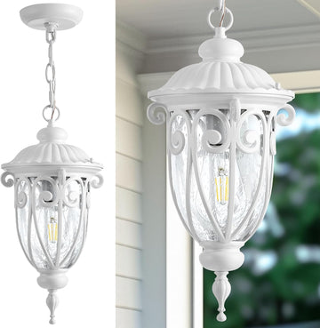 Outdoor Pendant Light Lantern, White Modern Outdoor Chandelier, Handcrafted Hanging Outdoor Lights with Seed Glass