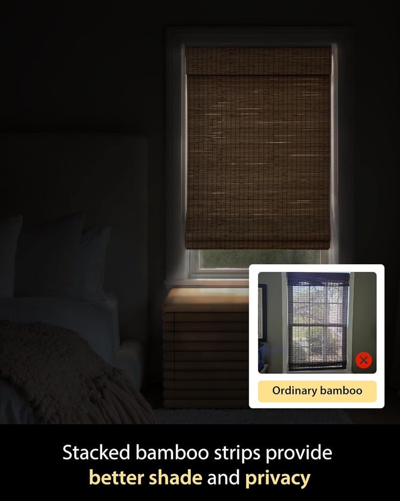 Cordless Bamboo Roman Shades, in, Highfield Teak| Wide Bamboo Strip Weaving Technique, High light-blocking