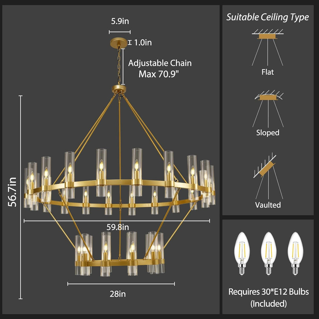 Inspired Ravelle Style 2 Tier Gold Wagon Wheel Chandelier, 60 Inch Farmhouse Chandelier with Glass Tube, 30-Light Large Round Chandeliers for Dining Room, Living Room, Bedroom and Entryway