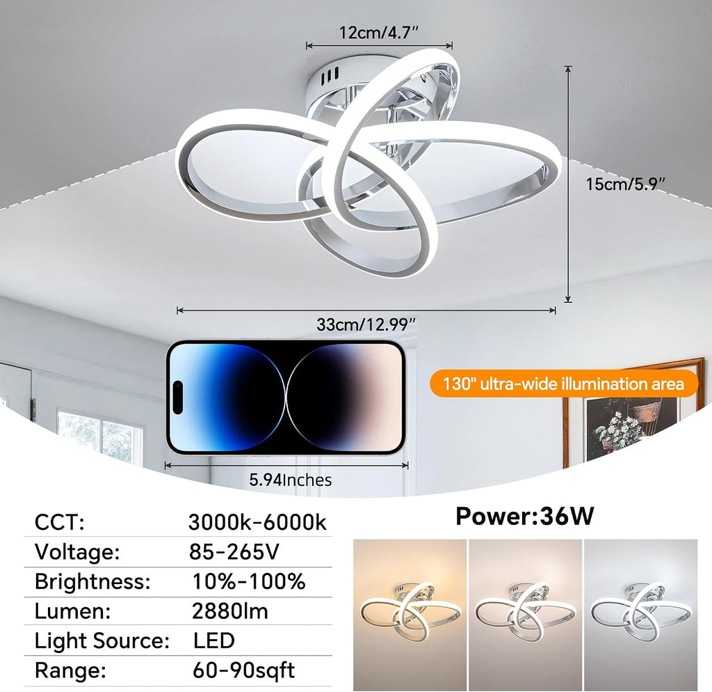 Modern LED Ceiling Light with Remote Control, Stepless Dimming, 3000-6000K Selectable, 36W, Dimmable LED Chandelier