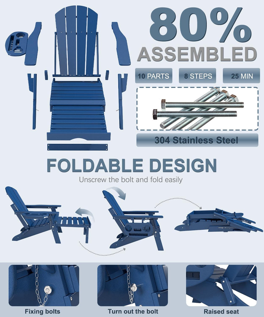 Adjustable Adirondack Chair Set of 2 with Retractable Ottoman | Folding HDPE Chair with Multifunctional Cup Holder