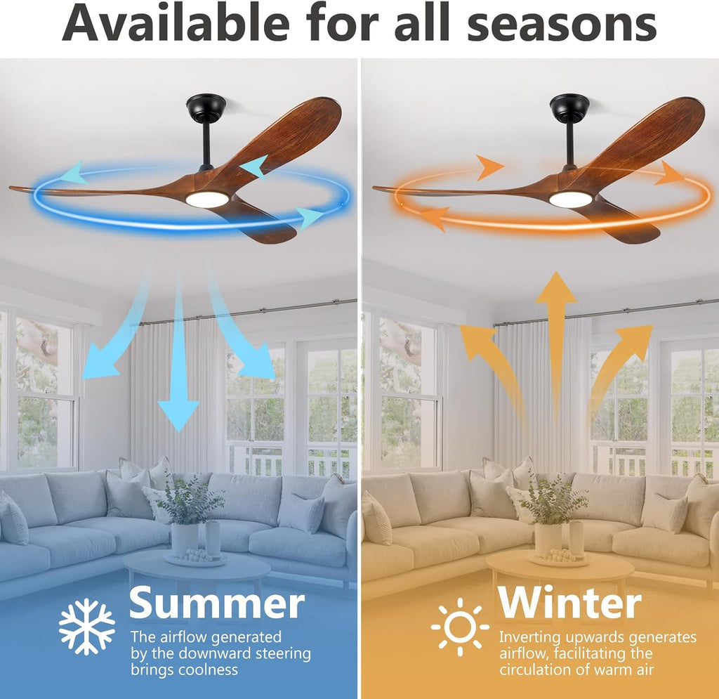 52" Ceiling Fan with Light and Remote, 6-Speed Dimmable Outdoor Ceiling Fan, High CFM Quiet 3 Blade Wood Ceiling Fan